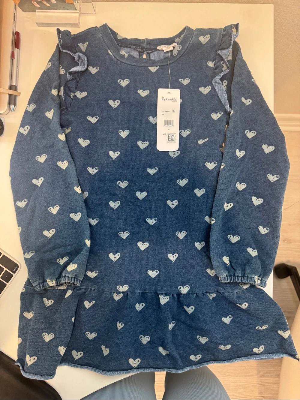 Splendid Blue Heart Print Ruffle Sleeve Dress